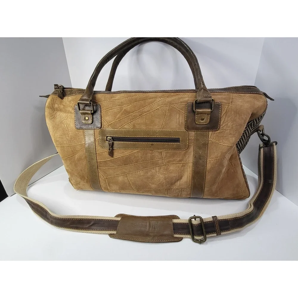 Vaan & Co Upcycled Leather Suede Duffle Bag Brown Chevron Weekender Travel Bag
